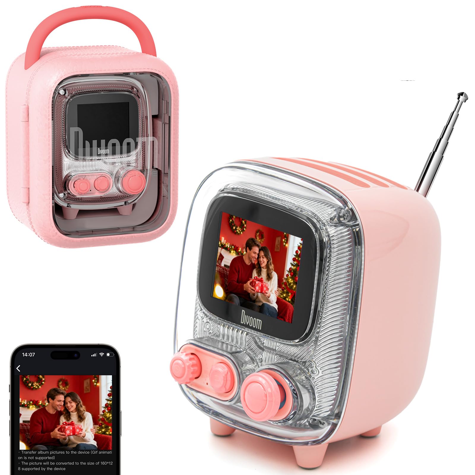 Divoom Tiivoo-2 Retro Bluetooth Speaker with FM Radio,Pixel Art Portable Mini Cute Wireless Small Speaker,Vintage Decor Suitable for Party Office Desk Home Bedroom Kitchen,Gifts for Women Men,Pink