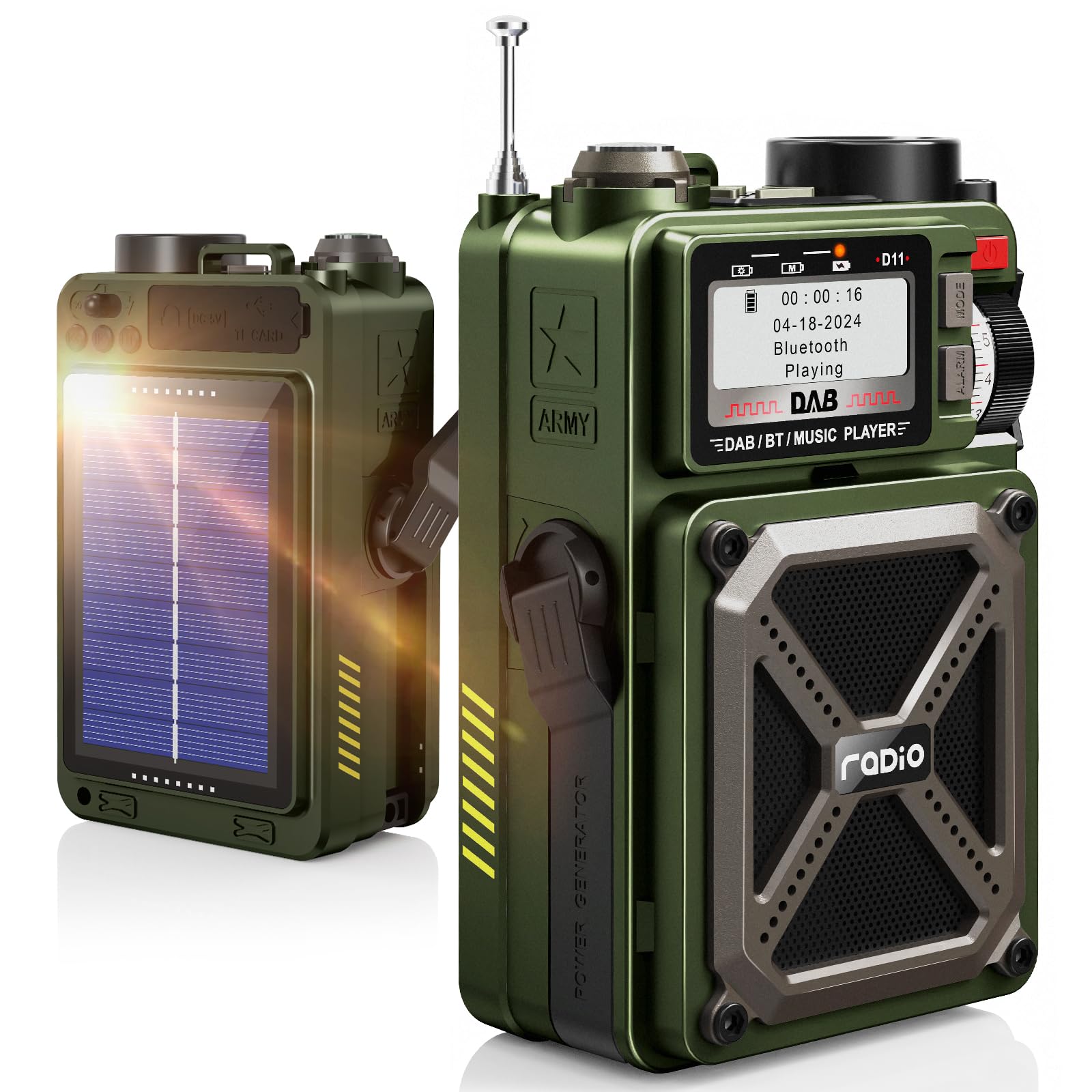 Radio portatile DAB/DAB+ e FM con Bluetooth 5.3, radio solare, radio a manovella ricaricabile con SOS, torcia, jack per auricolari, scheda SD, USB, 4000 mAh di emergenza Wind up Radio