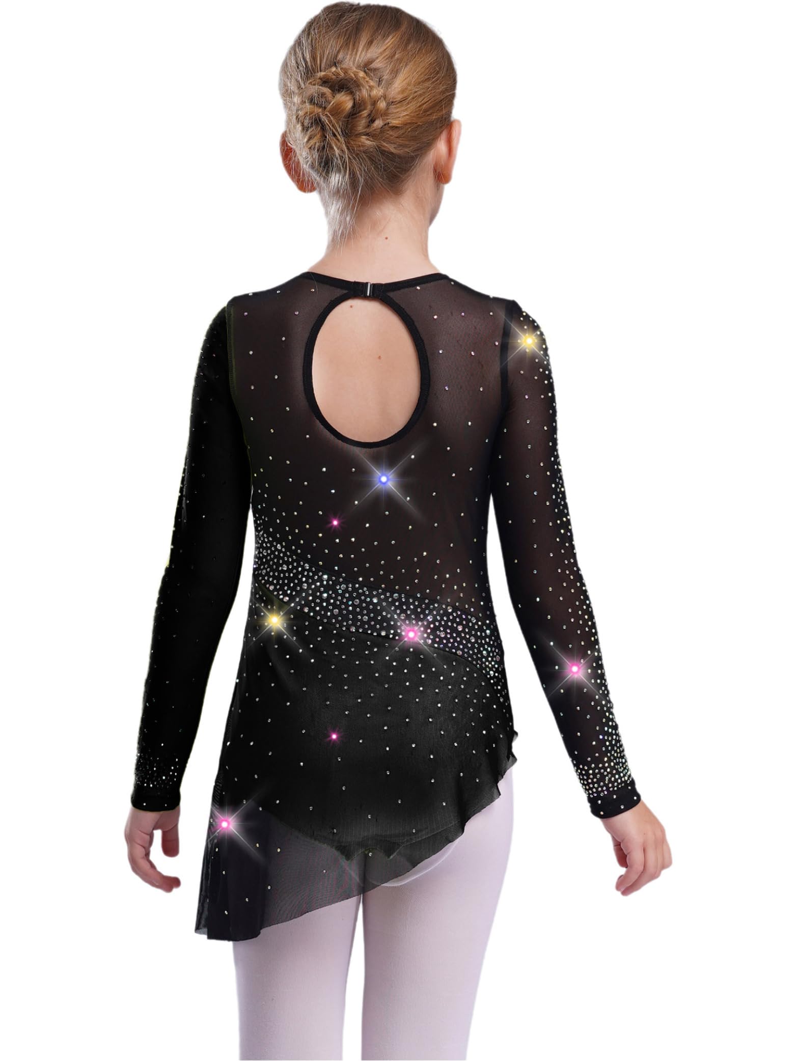 Fille Robe Patinage Artistique Asymétrique Strass Scintillante Tenue Danse sur Glace Justaucorps Gymnastique Danse Manches Longues Costume