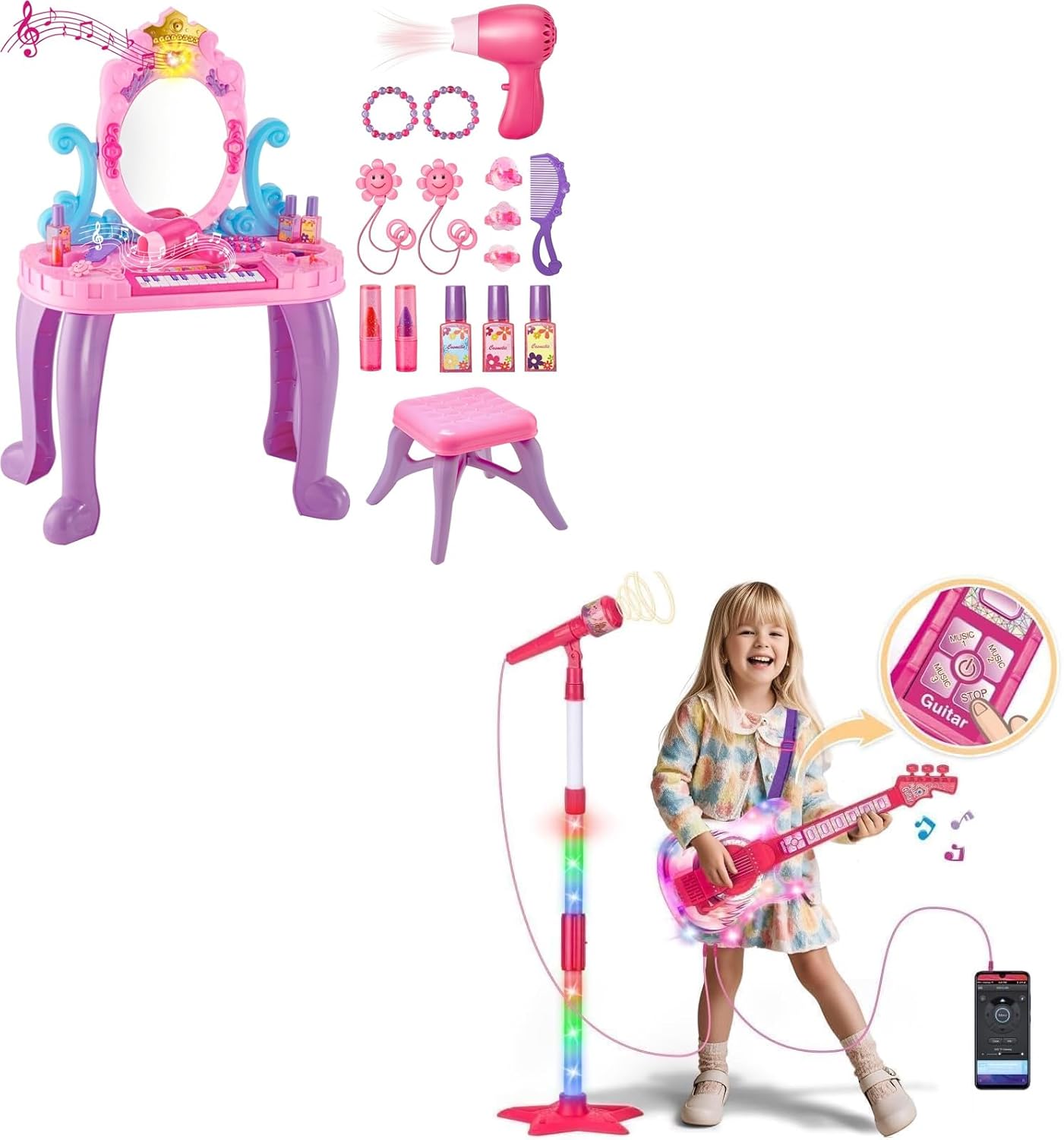 Kids Musical Guitar & Vanity Makeup Table Set | Toy Guitar with Microphone and Stand | Princess Dress-Up Vanity with Stool, Piano, Lights & Accessories | Toddler Musical Instrument and Pretend Play Gi