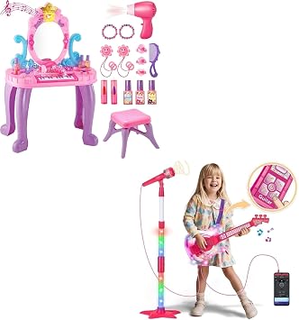 Kids Musical Guitar & Vanity Makeup Table Set | Toy Guitar with Microphone and Stand | Princess Dress-Up Vanity with Stool, Piano, Lights & Accessories | Toddler Musical Instrument and Pretend Play Gi