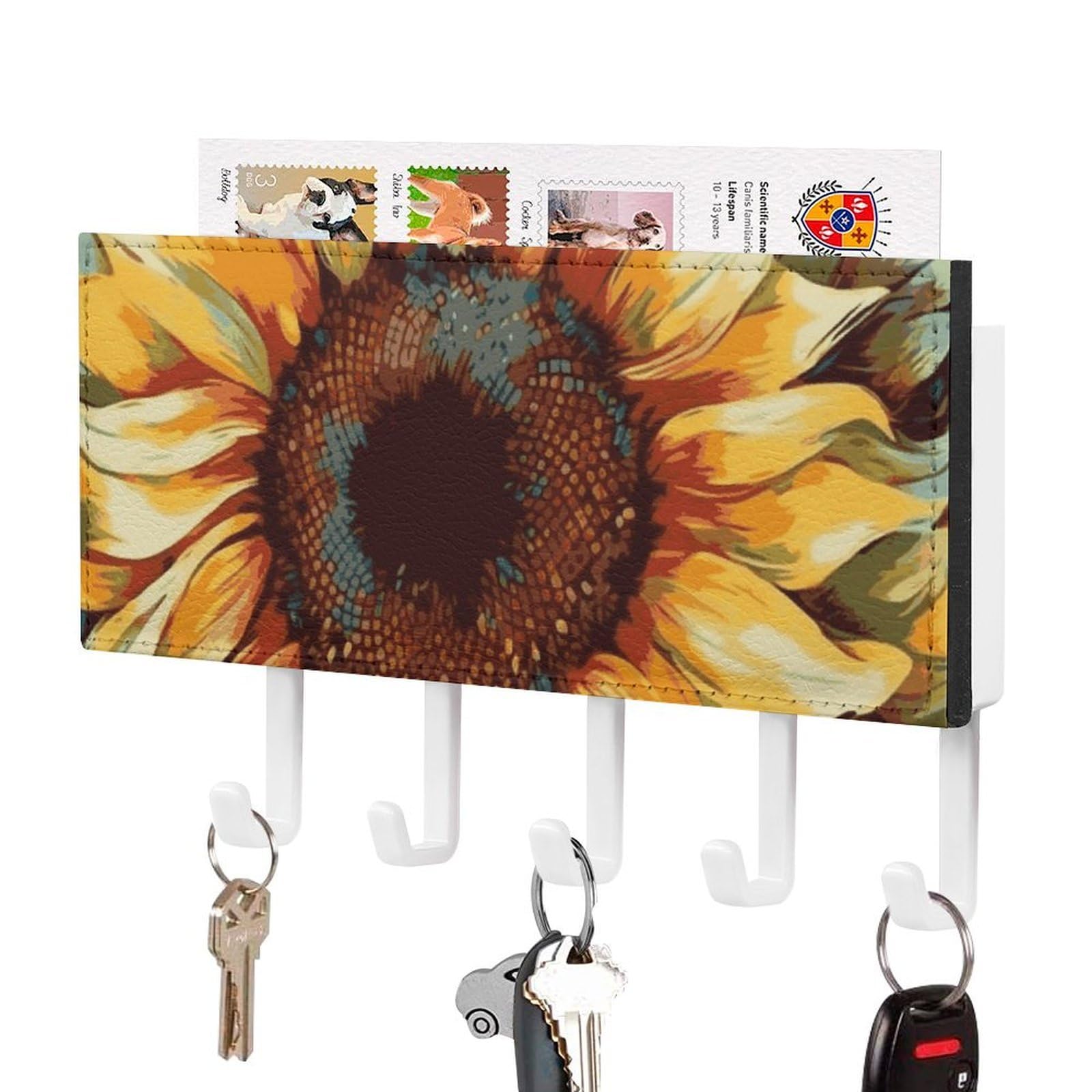 JTREHY Color Painting Sunflower Holder Wall-Mounted Key and Mail Holder,Key Rack with 5Keys Hooks, Easy to Install Mail Organizer for Entryway, Front Door, Hallway, Office
