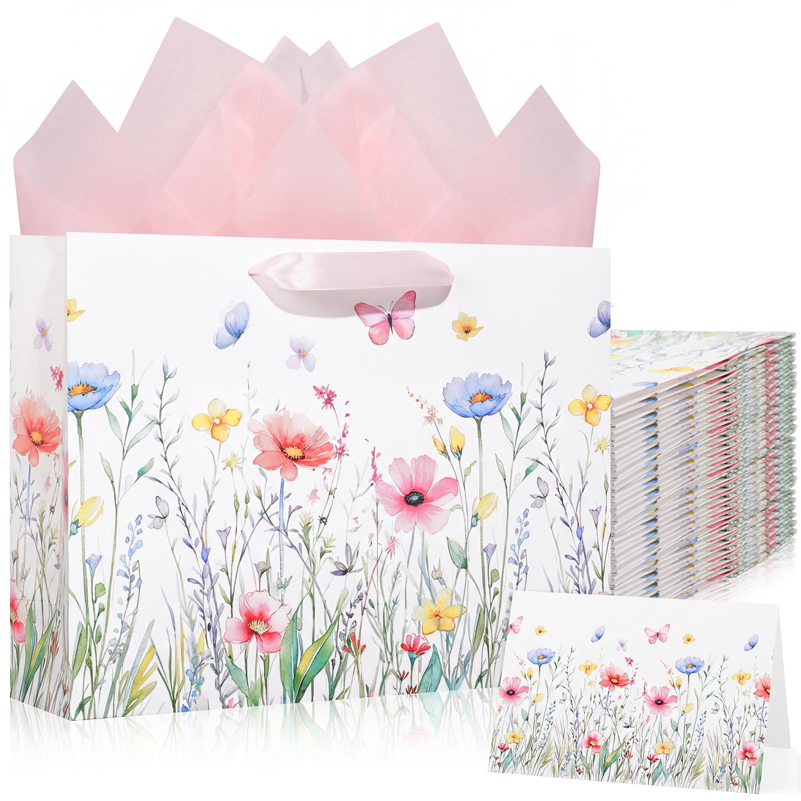Maitys 12 Pack 12.6 Large Spring Floral Gift Bags with Tissue Papers and Greeting Cards Elegant Butterfly Flowers Gift Wrapping Bag for Wedding Bridal Showers Birthday Baby Shower Party Decorations