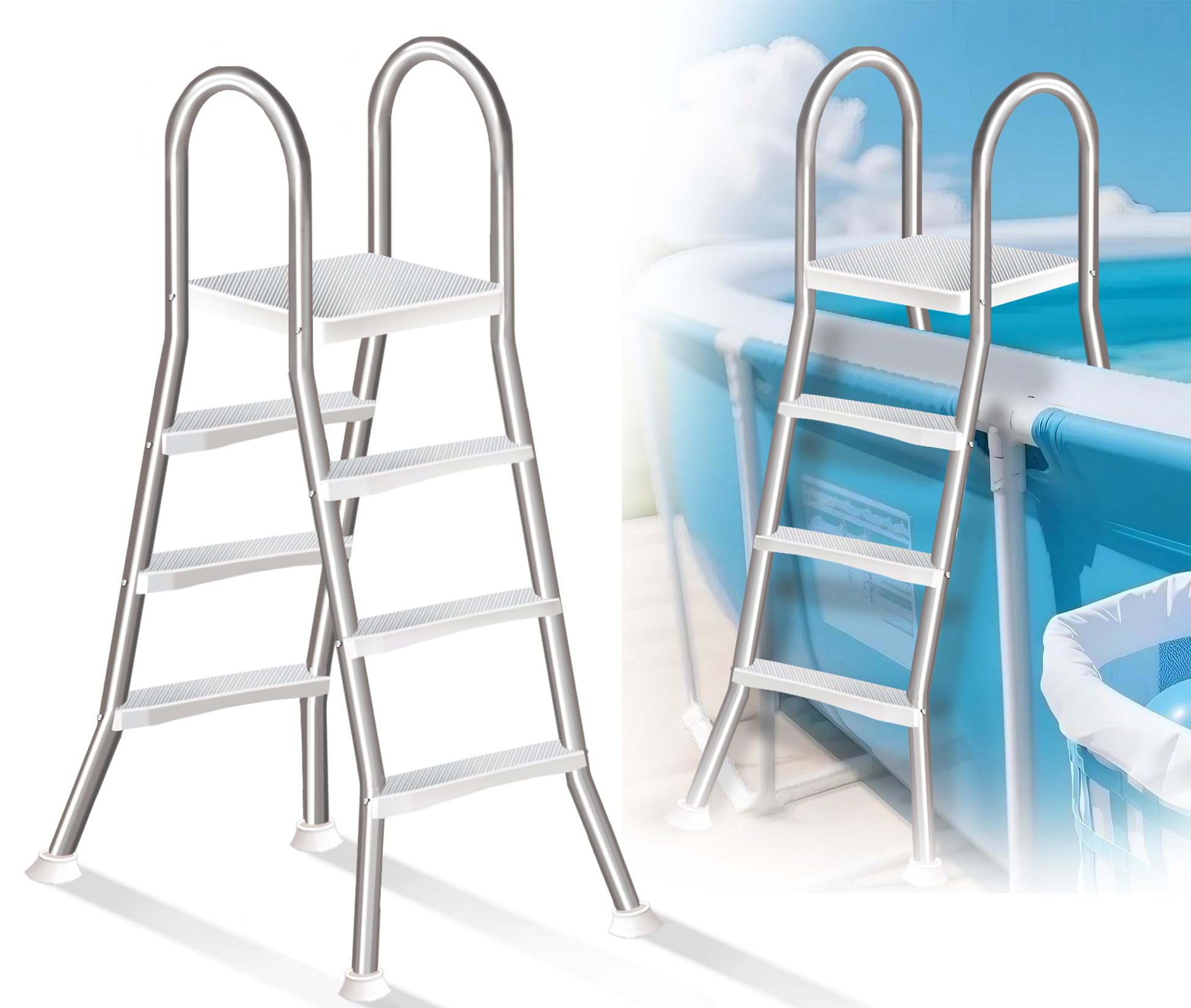Escalera para Piscina Elevada de 135 Cm de Altura, Escalera de Piscina de 4 Peldaños y Doble Cara, Estructura de Inoxidable de Alta Resistencia, Peldaños Antideslizantes