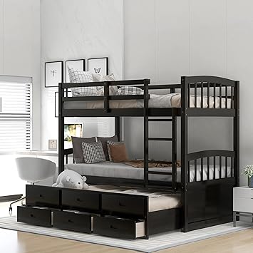 Twin Over Twin Wood Bunk Bed with Trundle and Drawers