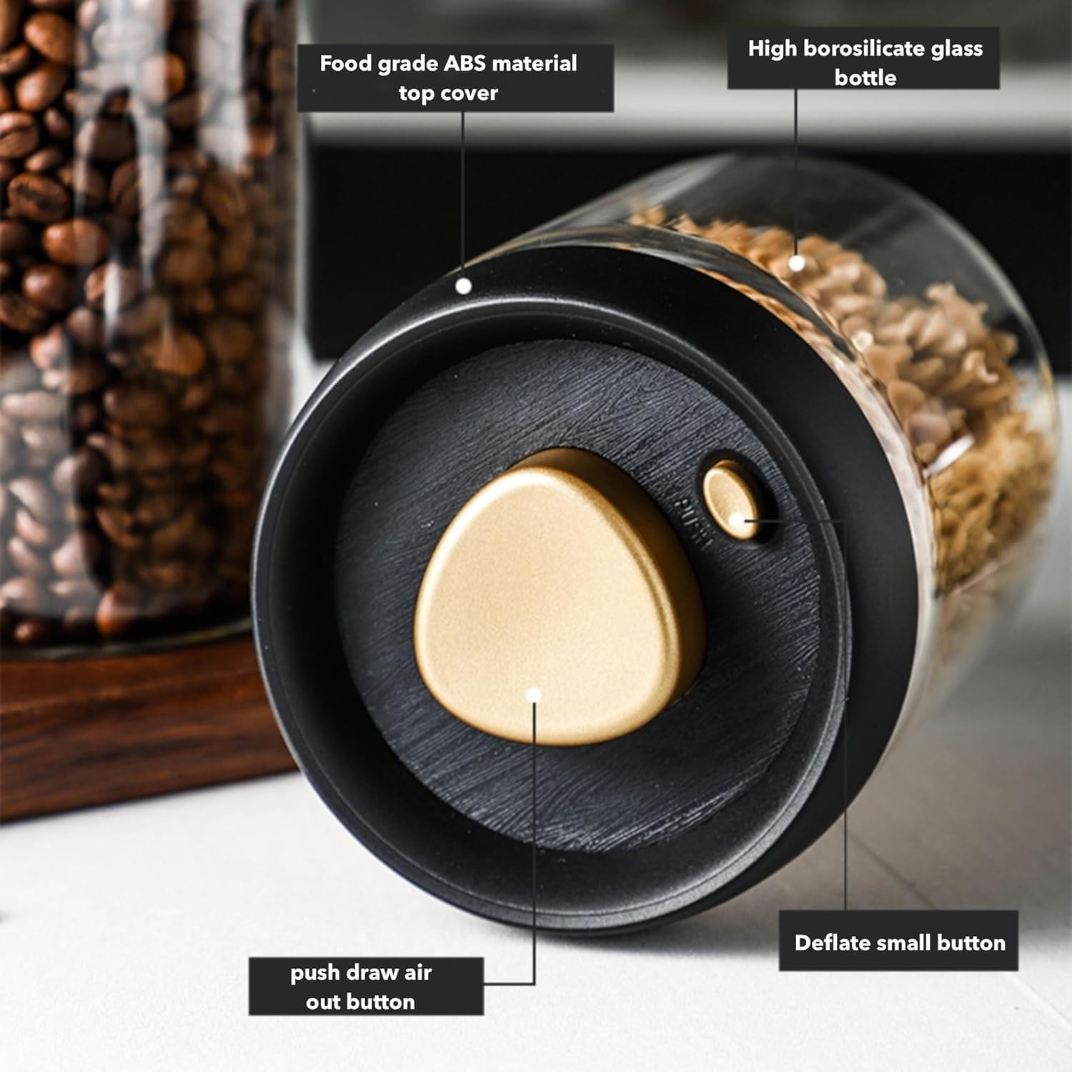 Luftdichte Glas-Kaffeedose – Vakuumversiegelungsdeckel für Kaffee, Tee, Zucker, Müsli – Press-to-Seal-Design, 1800 ml Frischhaltedose