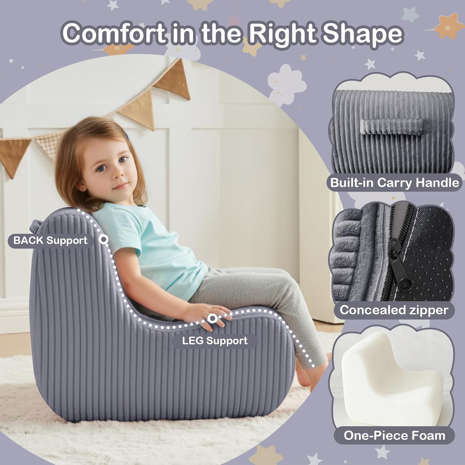 DAICO Kids Bean Bag Chair Ultra-Soft Toddler Bean Bag Sofa with Handle, Small Toddler Chairs Comfy Lazy Lounger Floor for Playroom or Bedroom - Birthday for Boys and Girls, Grey