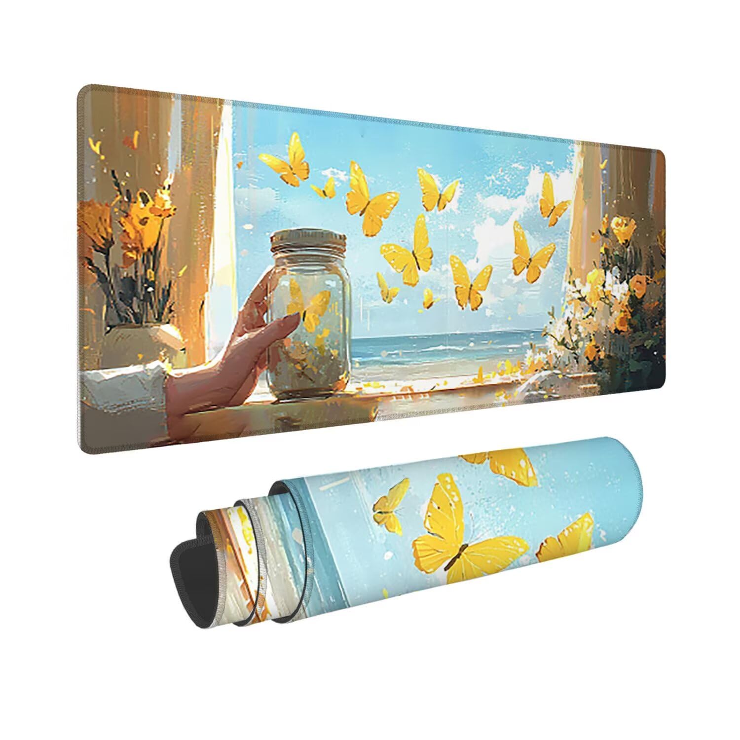 Podkładka pod mysz do gier XXL duża mysz 1200 x 500 mm, duża podkładka pod biurko z antypoślizgową gumową podstawą dla graczy, poprawia precyzję i szybkość (motyle krajobrazowe) o-331