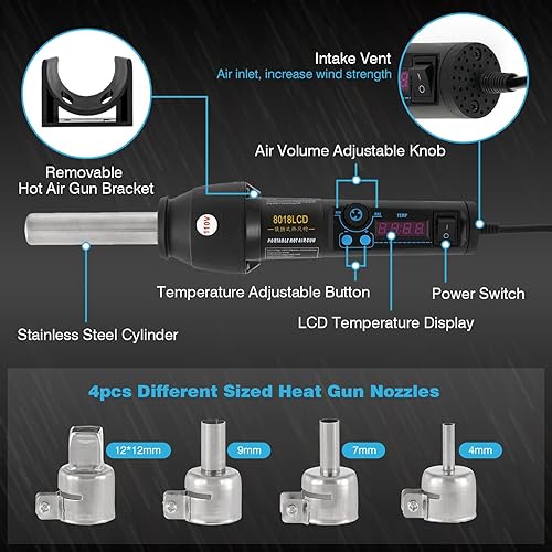 Miniatura 3 de IRONWALLS Pistola electrónica digital de aire caliente, mini pistola de calor portátil de 650 W con control de temperatura y flujo de aire ajustable