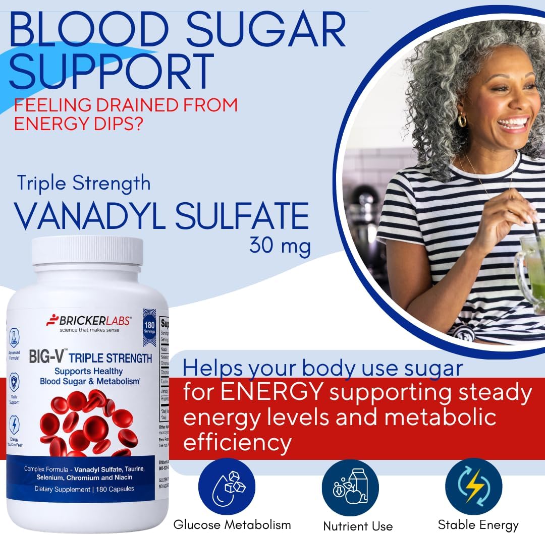 Bricker Labs Big-V Triple Strength Vanadyl Supplement: Vanadyl Sulfate 30 mg, Taurine 600 mg, Selenium, Chromium and Niacin, Blended Mineral Supplement, 180 Capsules (180 Servings)