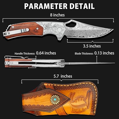 Miniatura 5 de NedFoss Cuchillos de bolsillo de Damasco para hombre, hecho a mano, forjado VG10, cuchillo plegable de acero de Damasco con funda de cuero, mango de