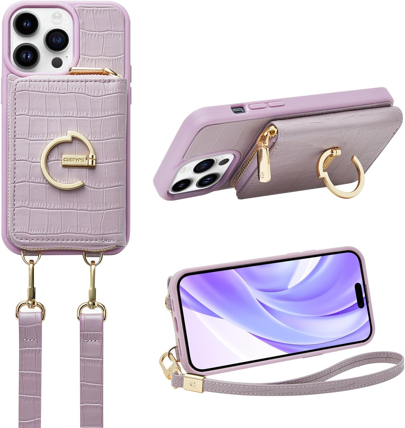 C CUSTYPE for iPhone 15 Pro Case Wallet with Card Holder for Women, Crossbody Zipper Case with Strap Wrist, Protective Leather Case Purse with Ring for Apple iPhone 15 Pro 6.1inch (Purple)