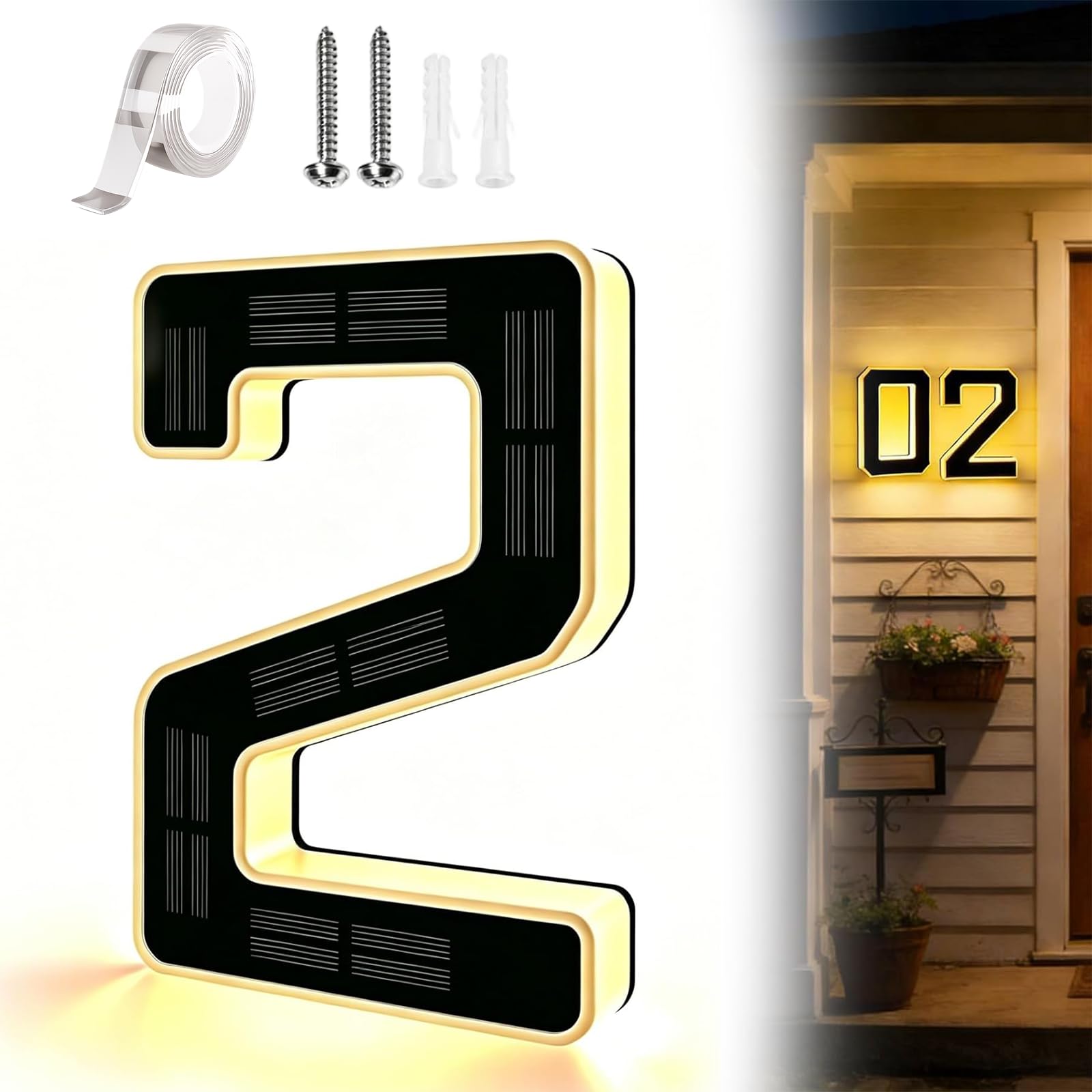 Solar Lighted House Numbers for Outside, Large 9 Inch Waterproof LED Address Numbers Signs, Modern Solar Powered Illuminated House Number Plaque for Exterior Night Visibility (2)