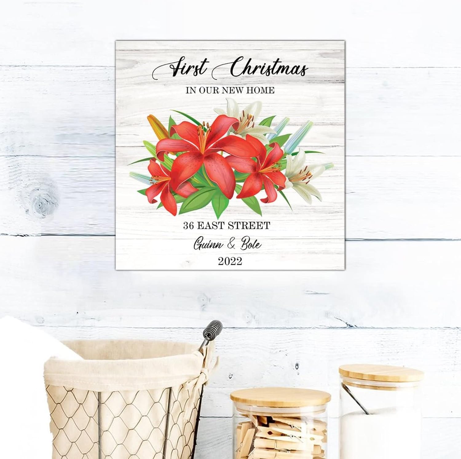 First Christmas in Our New Home Wood Sign Retro New Home Flower Custome Name Door Sign Hello Winter Wall Decor Hanging Plaque Sign For Living Room Bedroom Front Door Office Housewarming Gift 16x16in