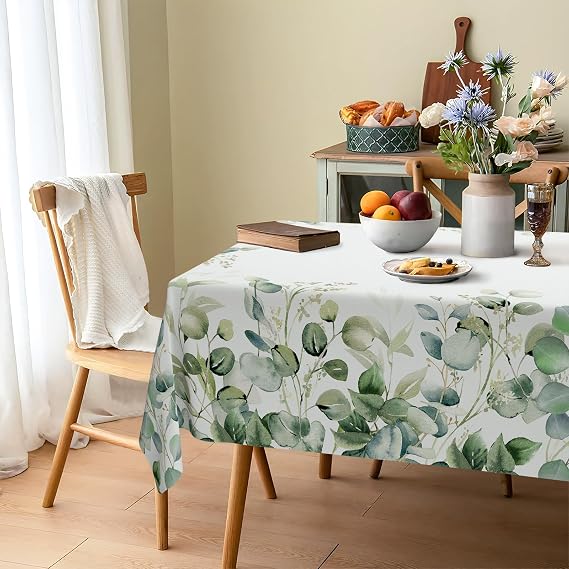 JOYPLUS Sage Green Eucalyptus Leaves Fabric Waterproof Tablecloth,Rectangle Watercolor Wrinkle Oil-Proof Resistant Table Cover for Dining Table, Buffet Parties and Camping, Mint Color (60