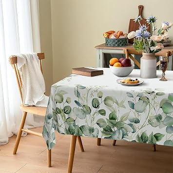 JOYPLUS Sage Green Eucalyptus Leaves Fabric Waterproof Tablecloth,Rectangle Watercolor Wrinkle Oil-Proof Resistant Table Cover for Dining Table, Buffet Parties and Camping, Mint Color (60
