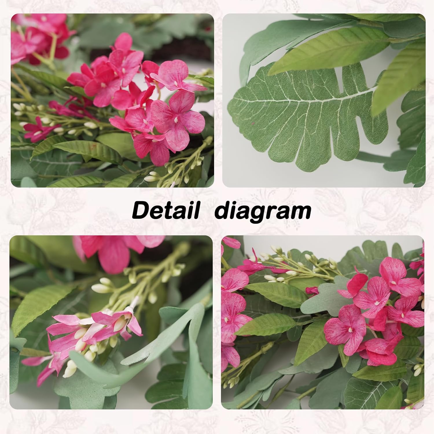 24 Inch Pink Hydrangea Wreaths for Front Door, Spring Summer Artificial Floral Wreaths with Pink Wildflowers, Green Olive Leaves Large Foliage, Farmhouse Rustic Decor for Porch, Wall, Garden