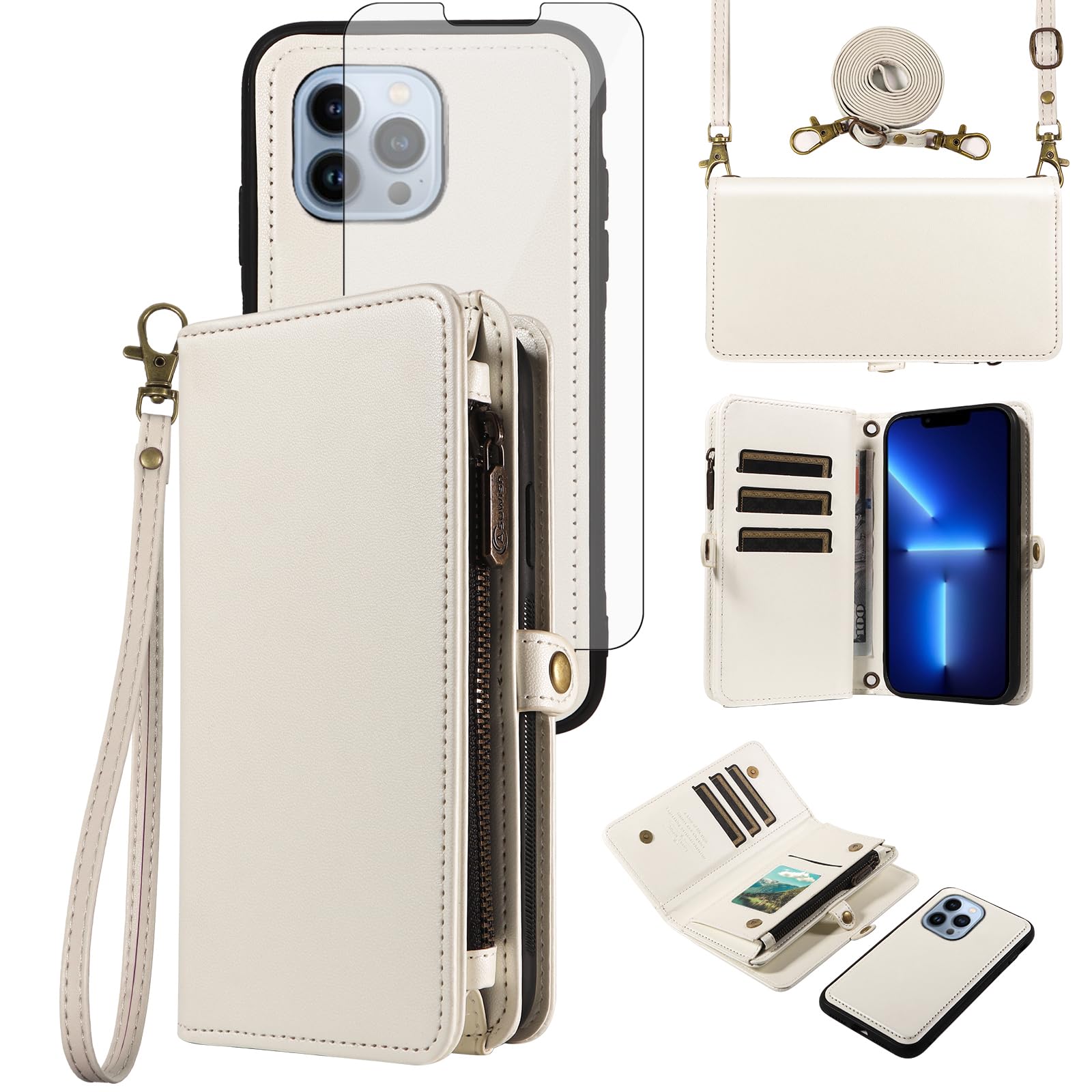 Asuwish Case for iPhone 13 Pro Wallet with Tempered Glass and Cord Card Holder Magnetic Chain PU Leather Flip Case Cover Stand i 13Pro Phone Case Glass Protection Case Women White