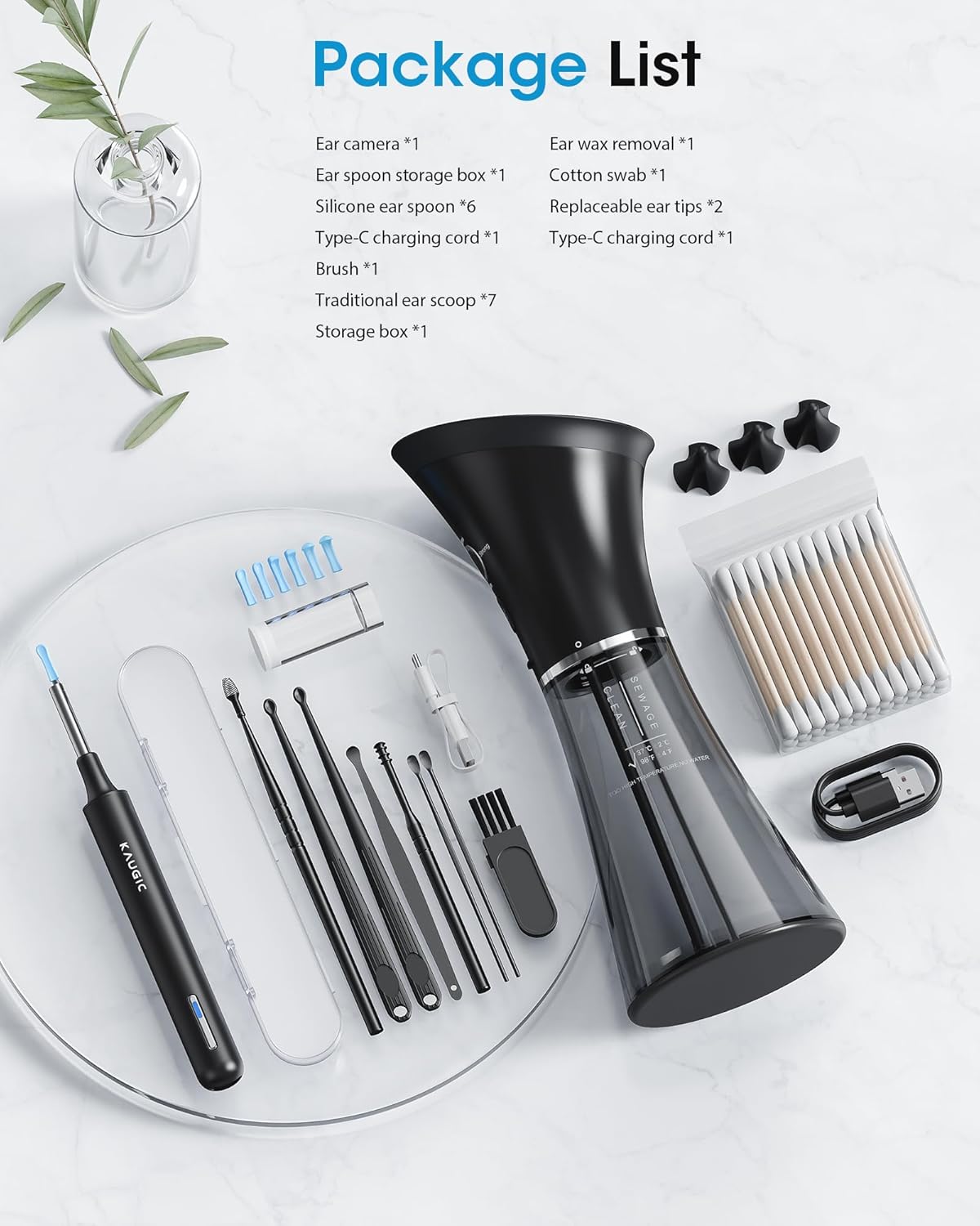 KAUGIC Ear Wax Removal Kit with Camera – Ear Cleaner Tool for Safe & Effective Ear Care – Includes Ear Camera for Visual Inspection & Gentle Ear Irrigation System – Complete Ear Cleaning Solution