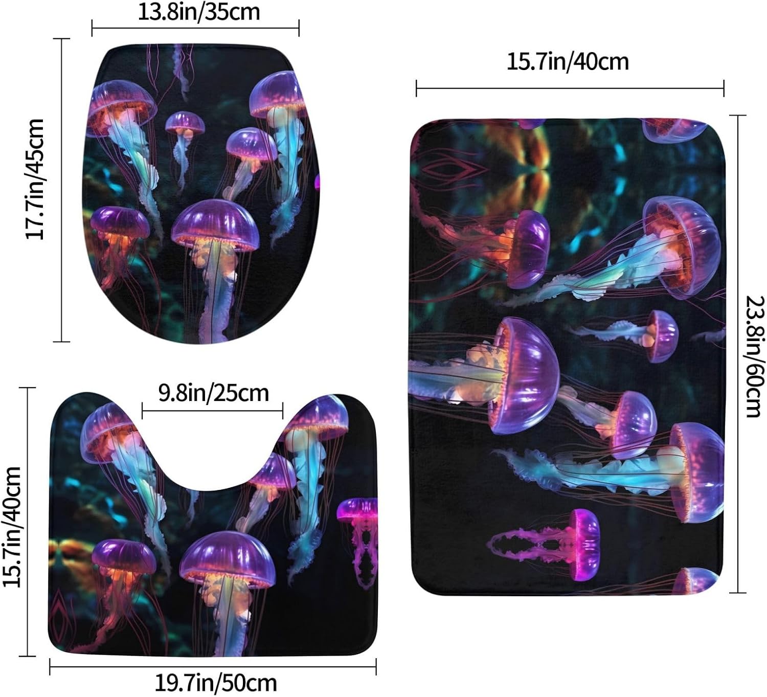 JCAKES Color Jellyfish Print 3 Piece Bathroom Rugs Set Non-Slip Washable Cover Floor Rug Decorations for Kitchen Bathroom Bedroom