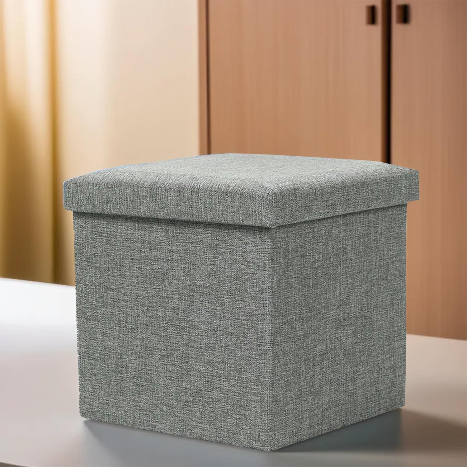 Kuber Industries Storage Stool | Square Toy Storage Box | Folding Seating Stool | Wardrobe Organizer for Clothes-Books | Storage Box for Living Room | M ZH007GY | Gray-image-11