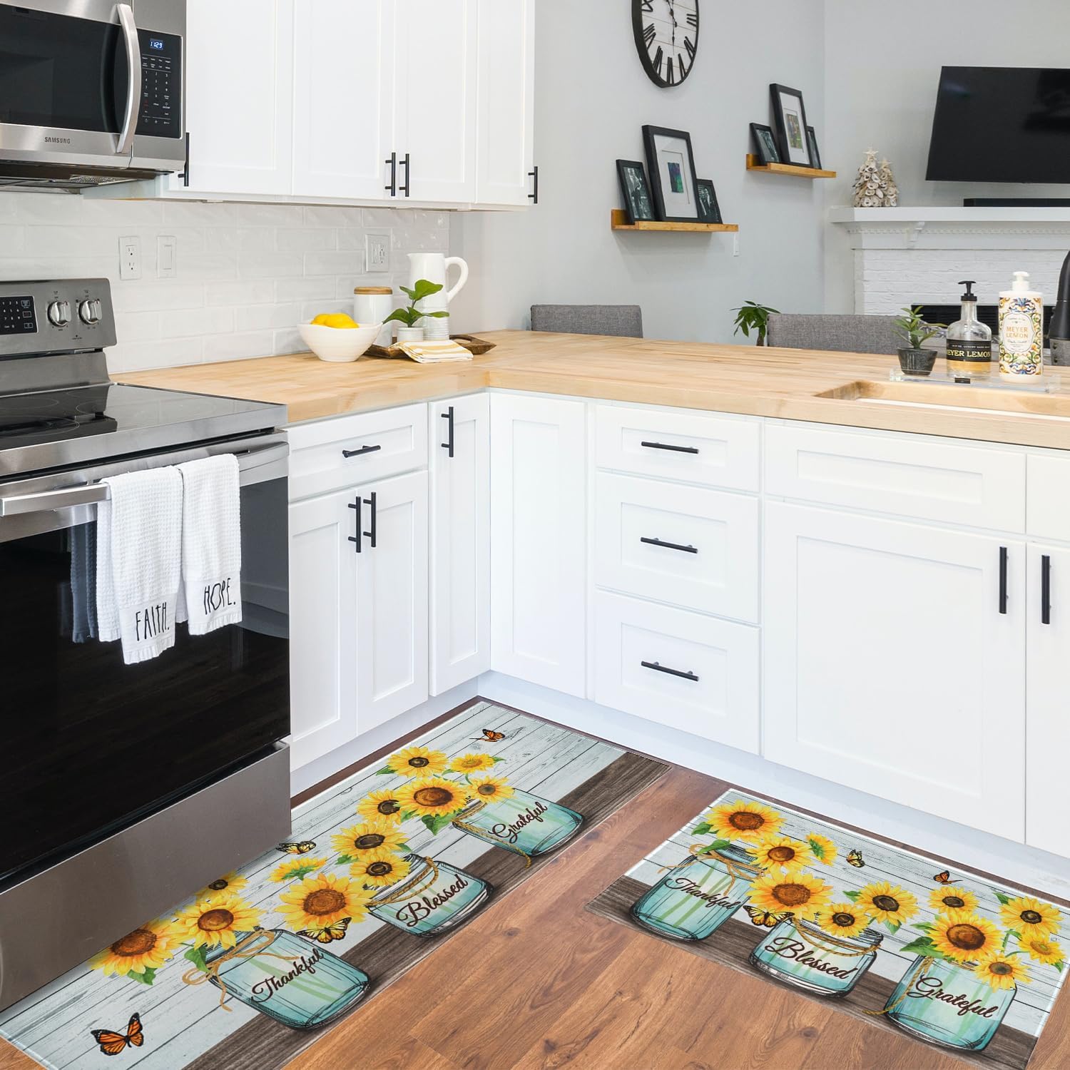 Sunflower Kitchen Mats for Floor, Flower Butterfly