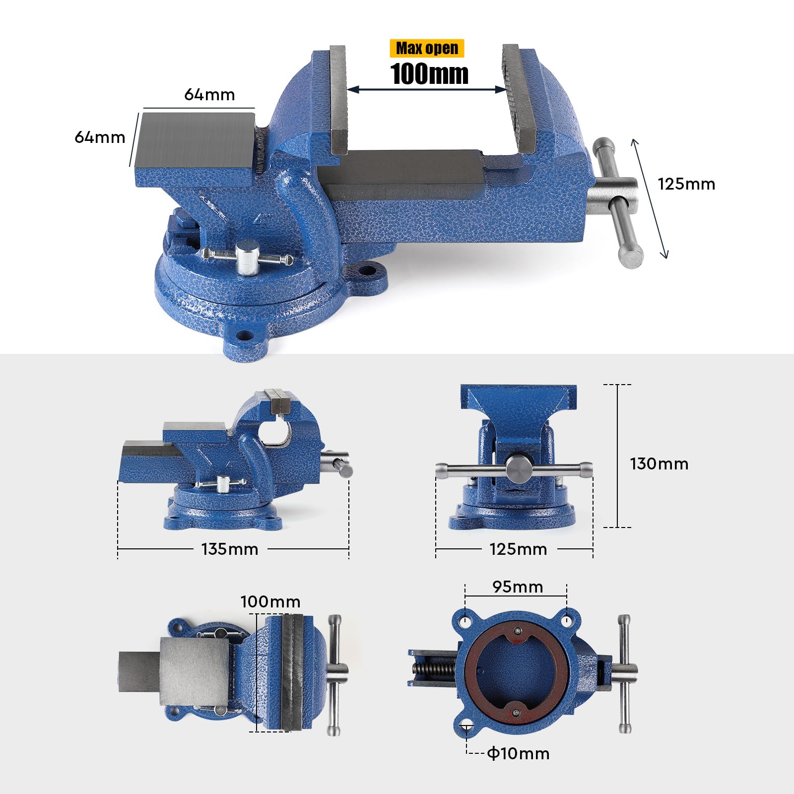 SWAWIS Morsa da Banco in Ghisa con Base Girevole 360 °, Larghezza Ganasce 100mm, può Essere Utilizzato per Fissare Pezzi di Legno e Metallo(Blu)