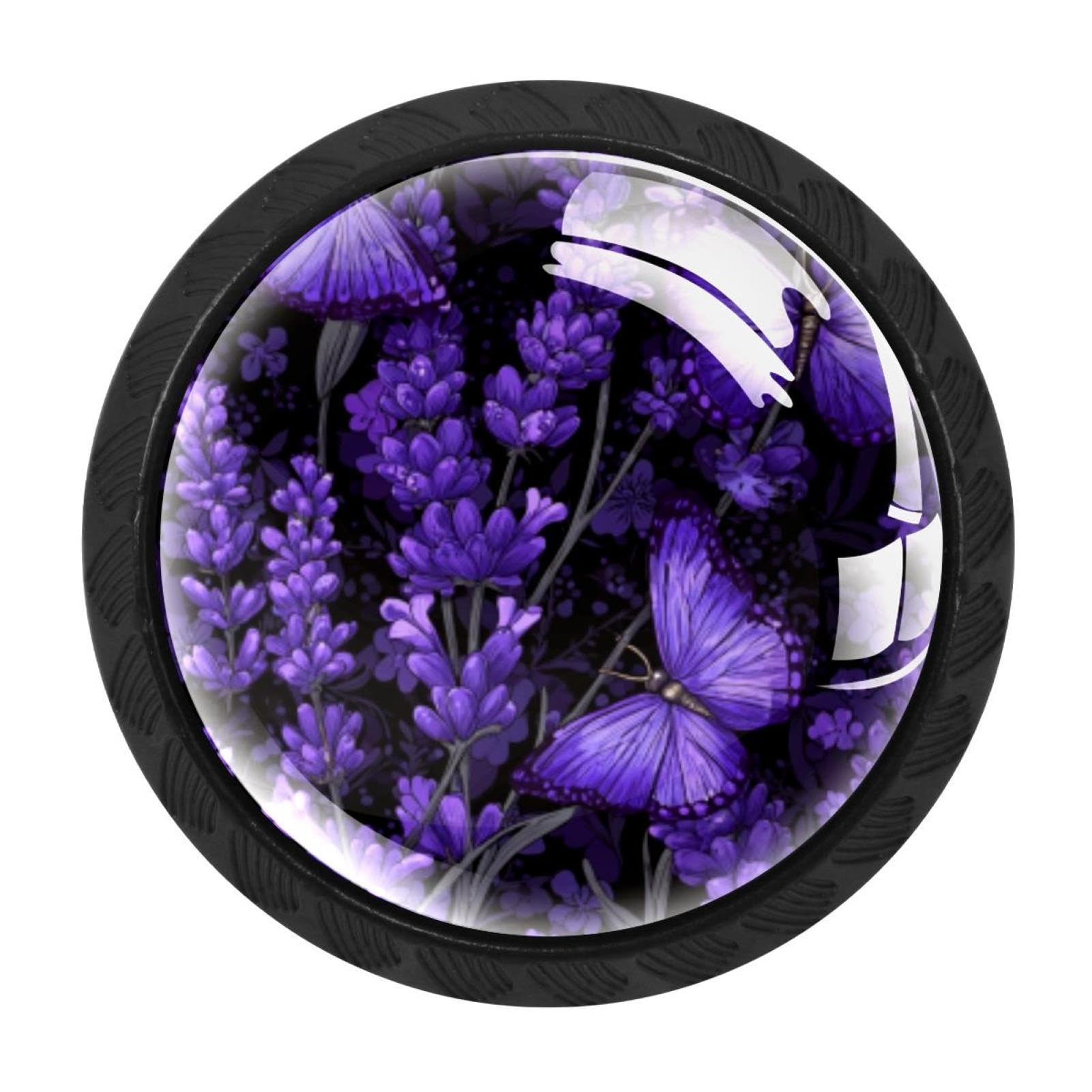 Chenzzzz Multicolored 06 4 Pieces Lavender Butterfly Flowers Purple Floral Drawer Knobs, 35Mm Black Kitchen Cabinet Knobs, Drawer Pulls And Knobs, Glass Cabinet Hardware Single Hole Knob For Cabinets And Drawers Round