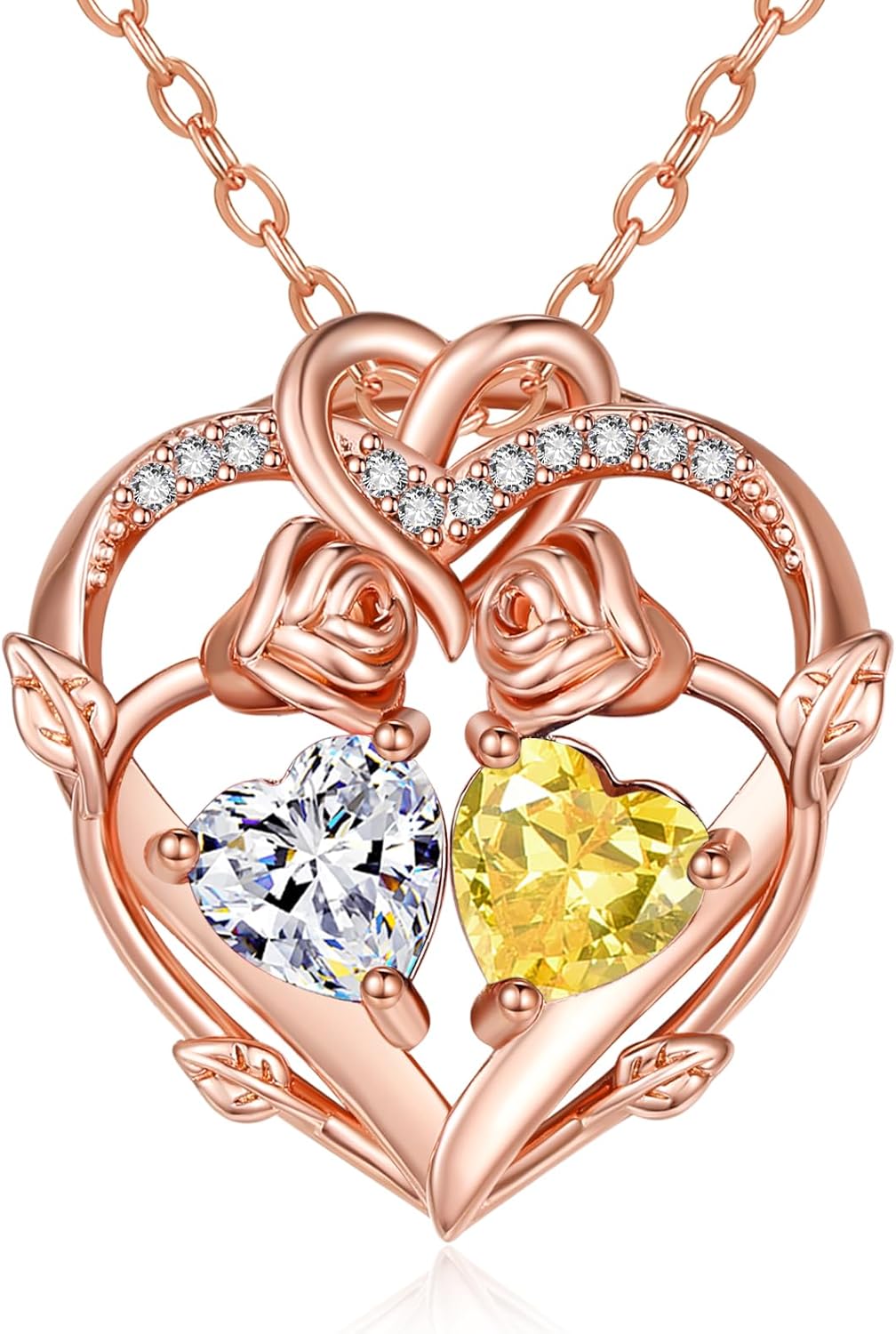 Rose Gold Necklaces for Women Double Birthstone Rose Flower Heart Pendant Necklace ...