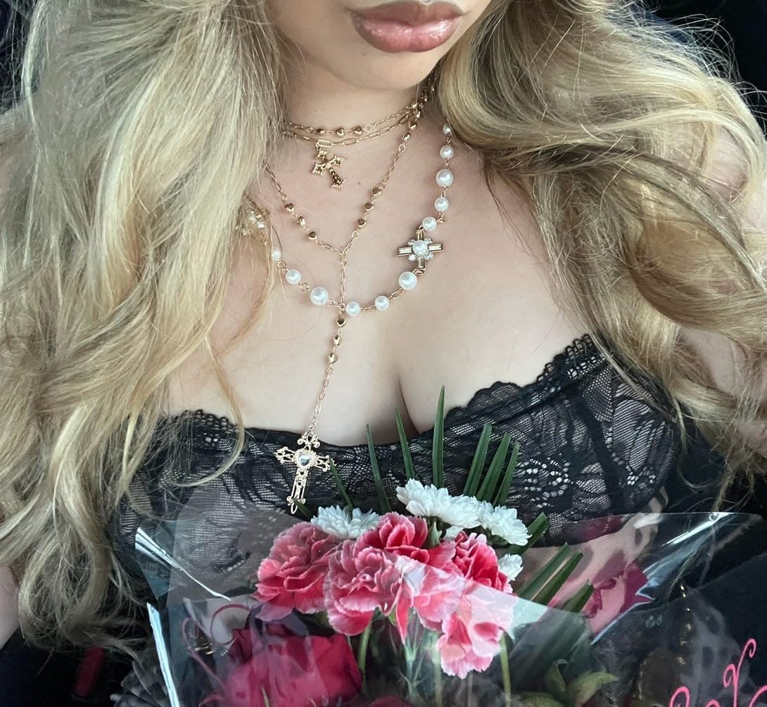 Pearl Layered Lariat Cross Necklace Rosary For Women Chunky Big Cross Y Necklace Long Sweater Chain Necklace Beaded Catholic Jewelry For Women Elegant Gold White - Image 5