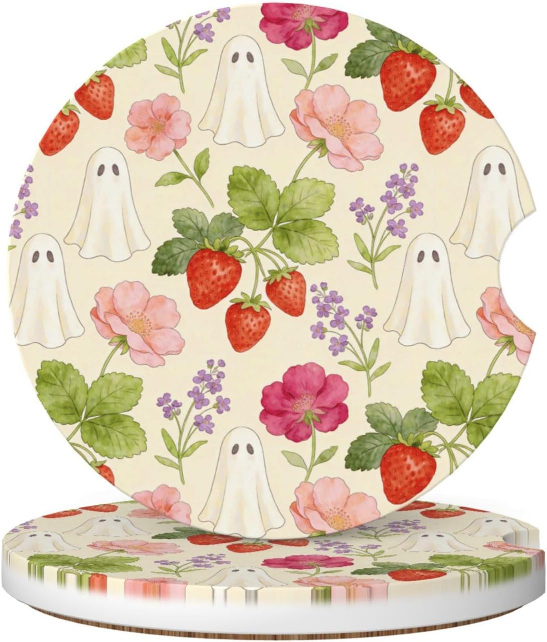 2 Pack Car Coasters Absorbent Ceramic - Halloween Watercolor Strawberry Botanical Ghost Decor, 2.56" Anti-Slip Cork Base Cup Holder Coasters, Car Interior Accessories for Women Men