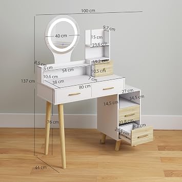 HOMCOM Makeup Vanity with Mirror and LED Lights 5 Drawers White