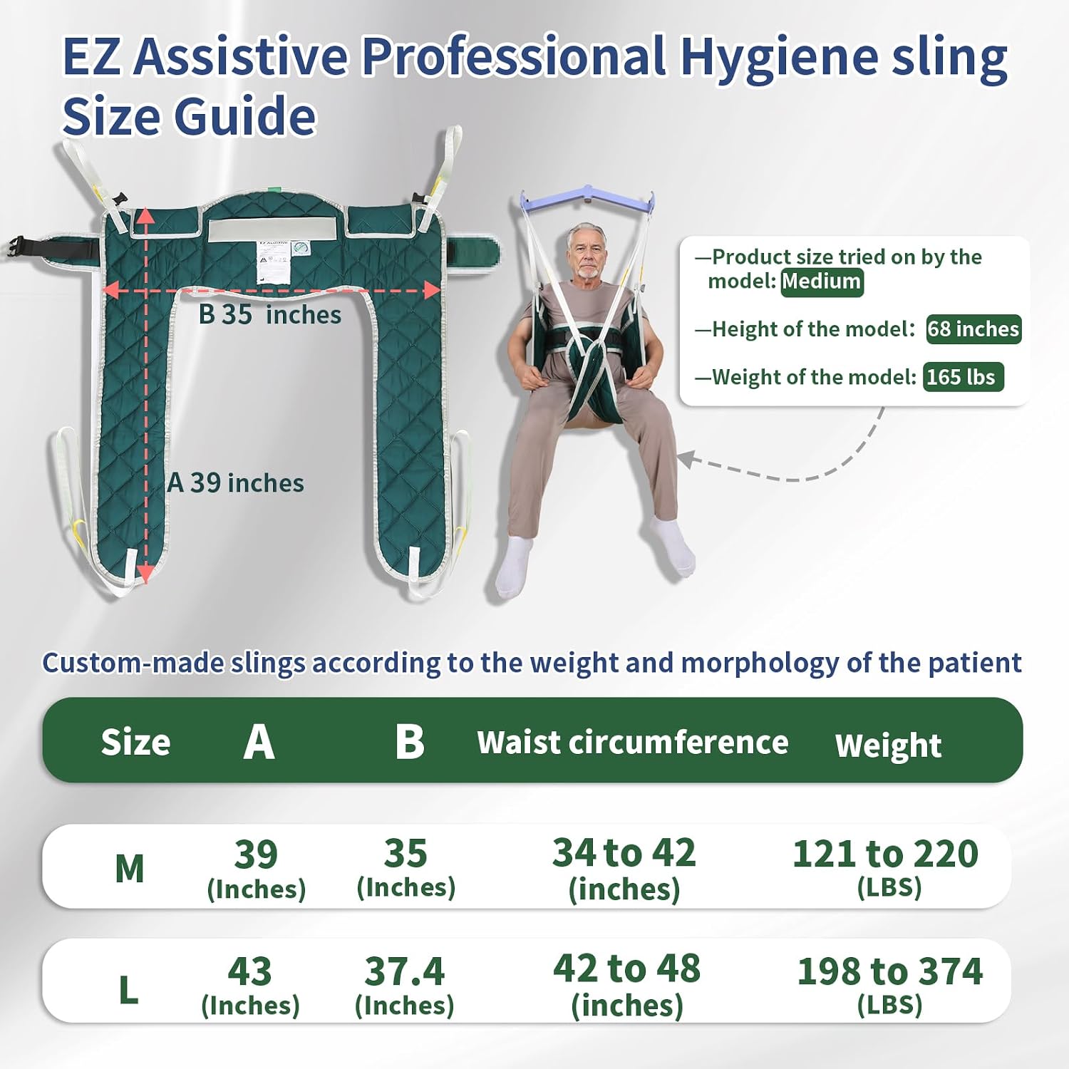 EZ Assistive Patient Lift Sling Professional Hygiene Sling,Medical Commode Patient Lift Aid Transfer Sling,500lbs Capacity(Green, Medium-Sling Without Head Support)
