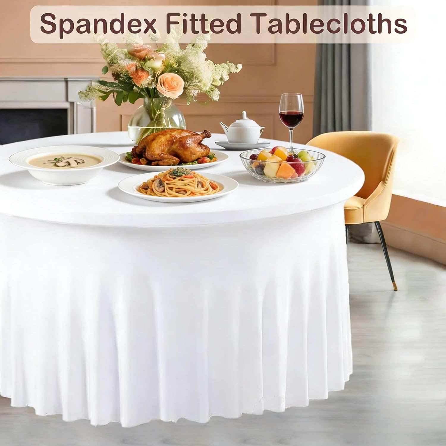 10 Pack White Spandex Round Tablecloths for 60inch Tables, 120 Inch Stretchy 5ft Round Fitted Tablecloth Wrinkle Free Washable Table Cloths Table Covers with Skirt for Wedding Party Birthday Banquet