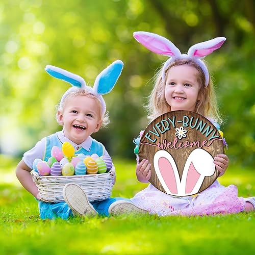 Miniatura 5 de Whaline Letrero colgante de madera de Pascua, conejo, conejo, bienvenida, letrero rústico para puerta delantera, para primavera, vacaciones,