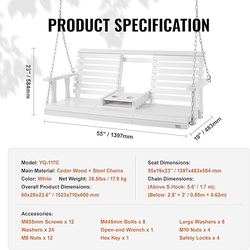 Miniatura 7 de VEVOR Columpio de madera para porche de 5 pies, columpio para patio y jardín, capacidad de carga fuerte mejorada de 880 libras, banco de silla