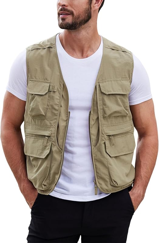 Gihuo Mens Fishing vest for Safari Utility Cargo with Pockets | Comfortable, Travel, Lightweight, Work, Multi-Pockets, Quick Dry, Breathable, Hunting, Hiking Vest