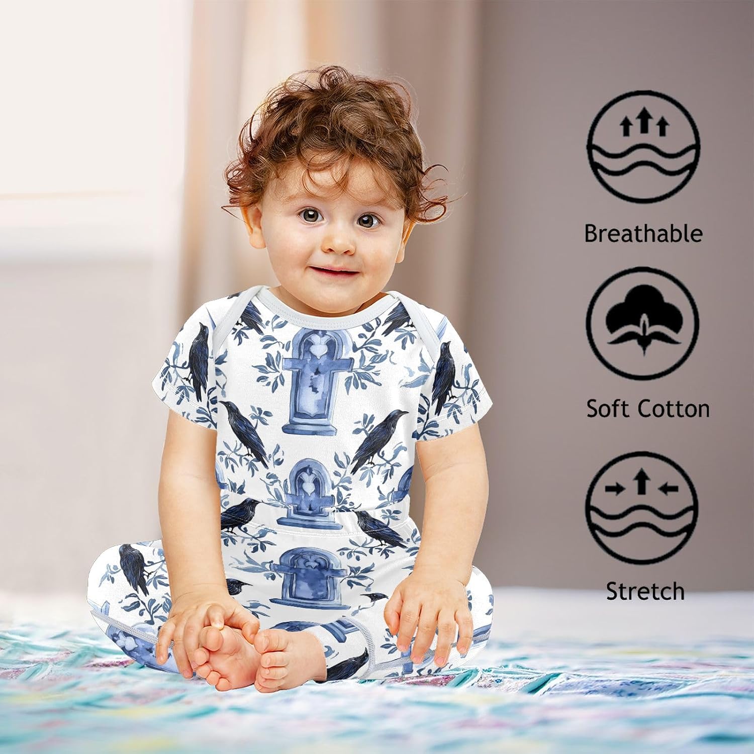 vvfelixl Baby Clothes Cross Tombstone Crow Baby Bodysuits Set Unisex Short Sleeve Babys Pants Sets 0-3M