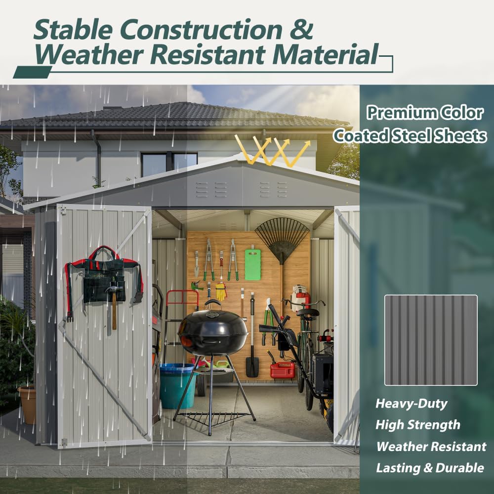 Heavy-Duty Outdoor Storage Shed with Reinforced Steel Frame, Weather-Resistant Galvanized Metal Walls, Lockable Double Doors for Garden, Patio and Lawn Use (Gray + Metal-1)