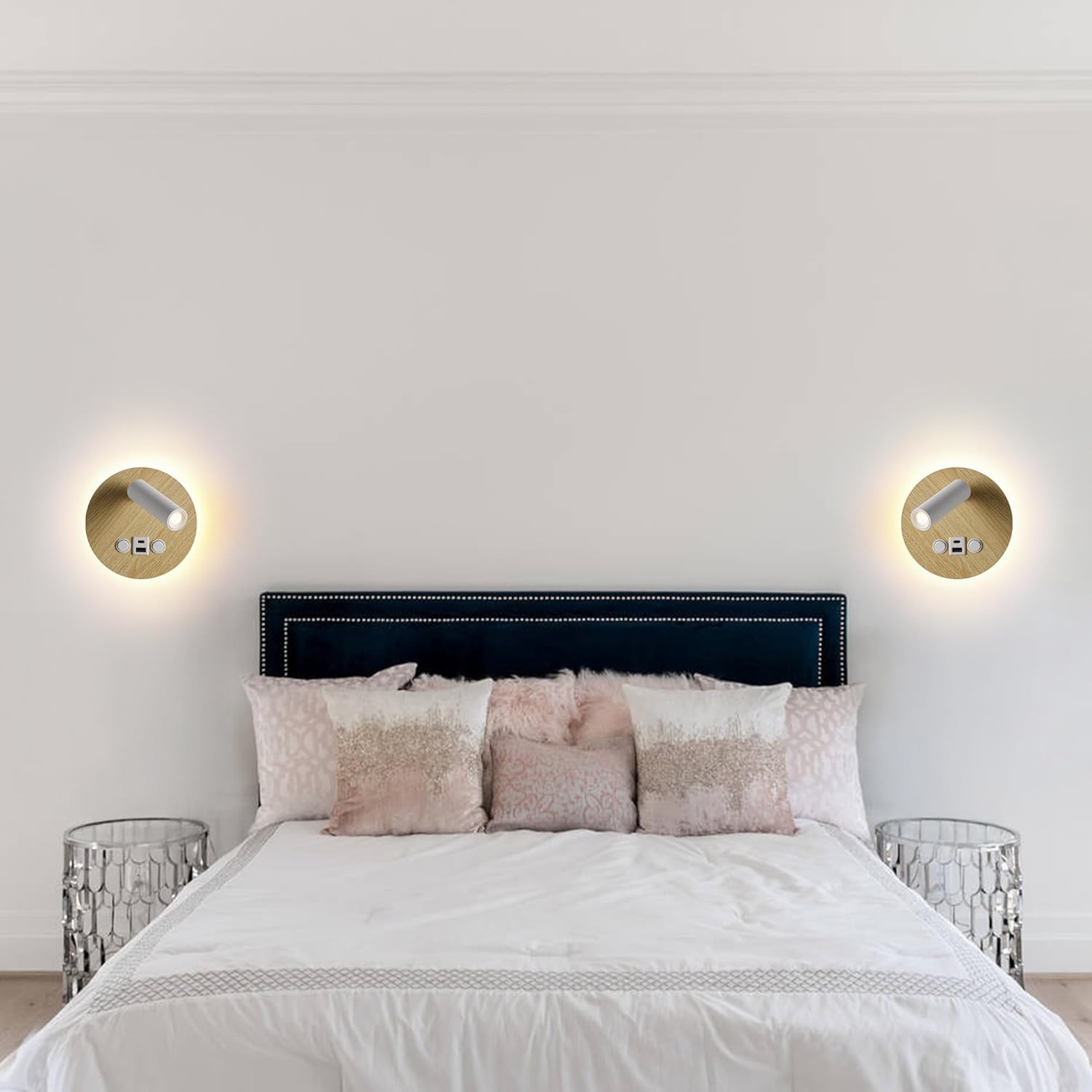 Modern Minimalist LED Wall Sconce,Hardwired 2-Light Reading Backlight,Dual Light Control (3W/240lm+6W/480lm), Swing Arm Wall Light Fixtures for Bedroom/Bedside（Wood Grain）