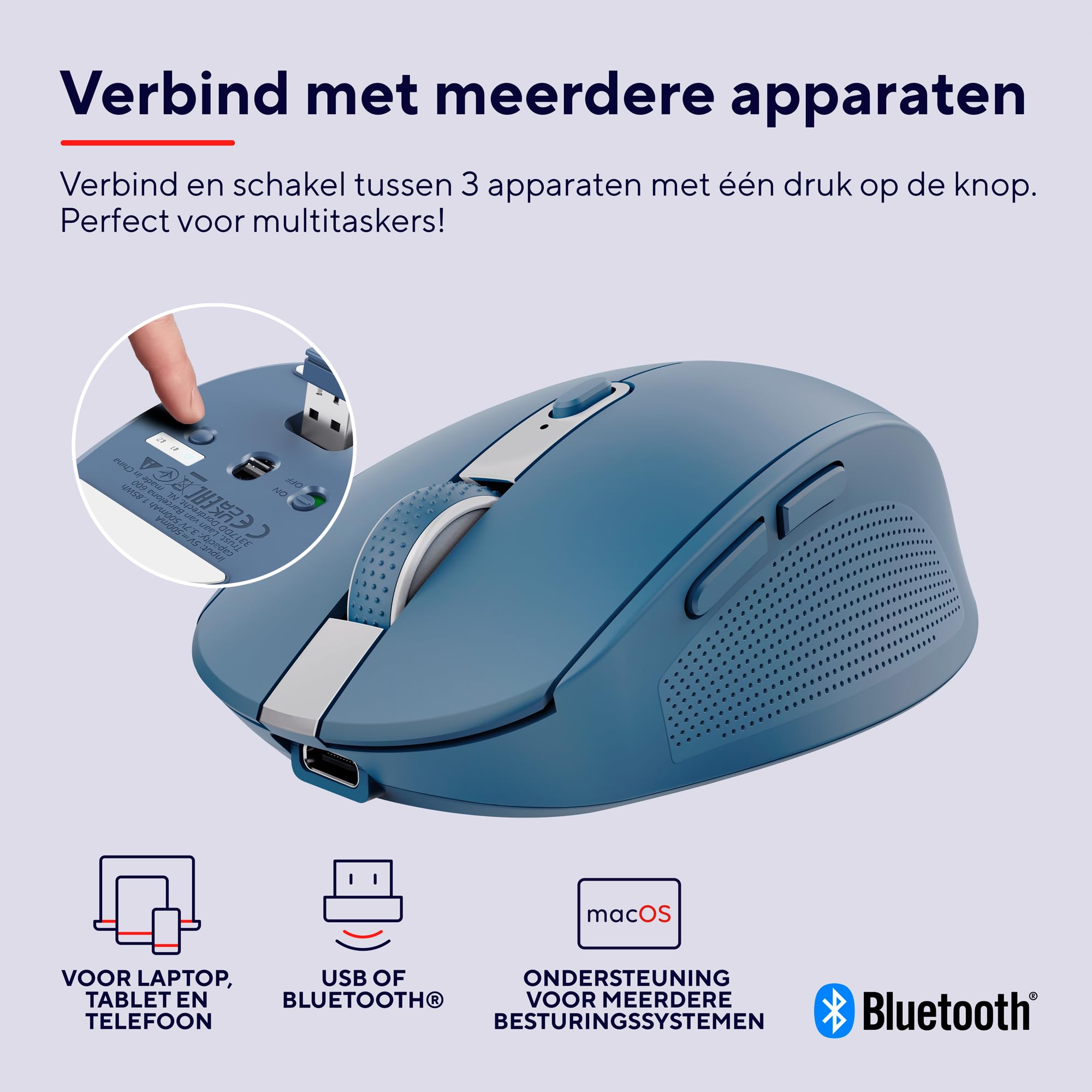 Trust Ozaa Stille Draadloze Muis Bluetooth 2.4GHz, Compacte Wireless Mouse, 60% Gerecycled Plastic, Oplaadbare Bluetooth Mouse PC Computer Laptop Windows Android Mac - Paars