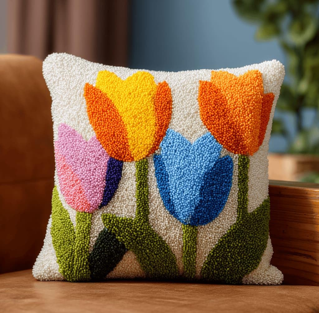 Kitquiver Latch Hook Kits Donkey for Adults,Tulip DIY Latch Hook Cushion Kits and Latch Rug Kits Cross-Stitch Embroidery Cushion Cover for Home Sofa Decoration 17X17 in