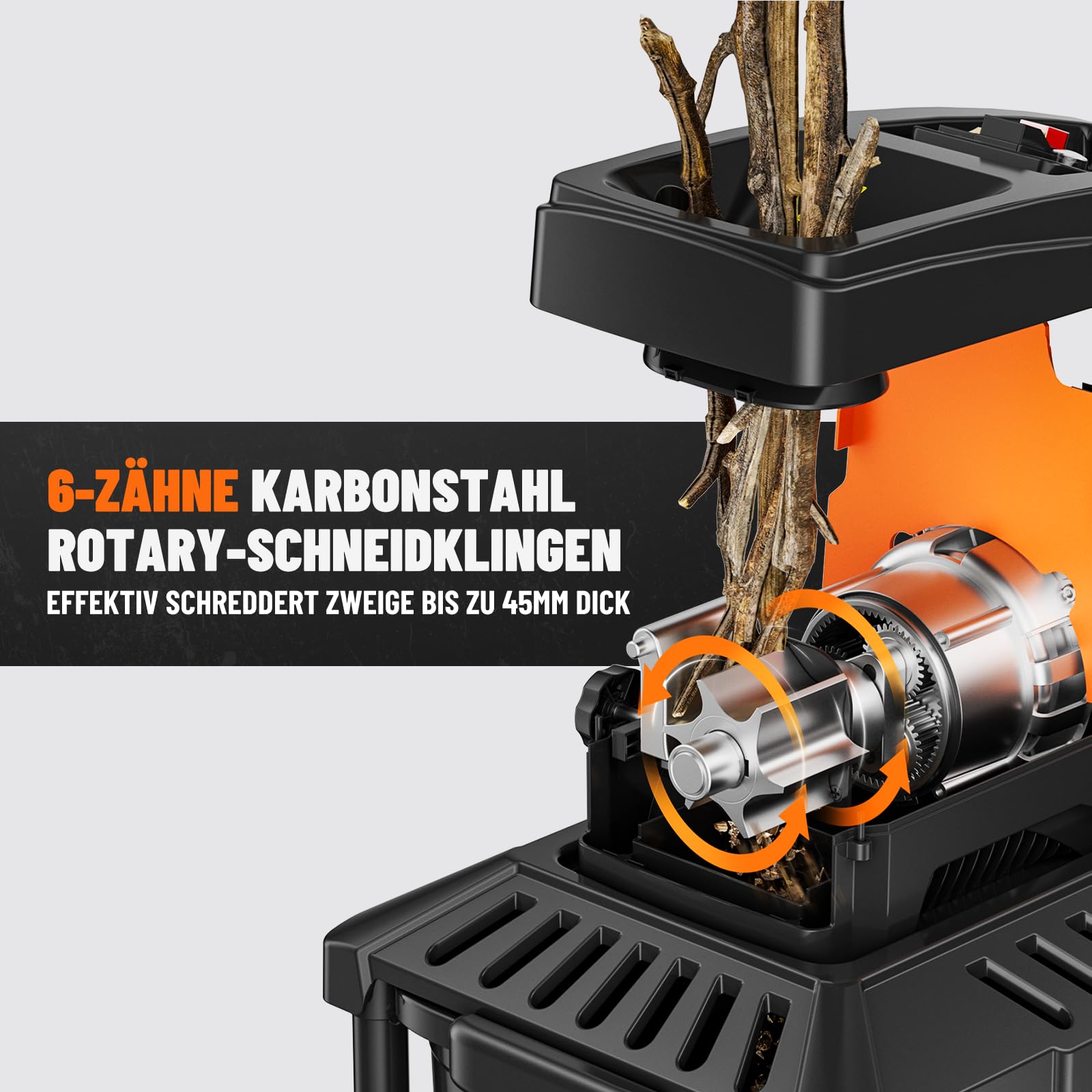 DOVAMAN GT10 APEX Gartenhäcksler, 2800W Bürstenloser Motor, 400Nm Drehmoment, 6-Zahn-Walzenmesser, bis 45mm, 60L Box