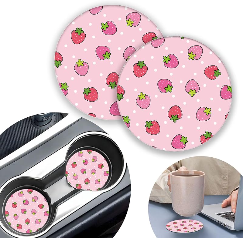 Kit com 2 Porta-Copos Automotivos Redondos de Silicone Rosa com Estampa de Morango Olemier, 6,99 cm