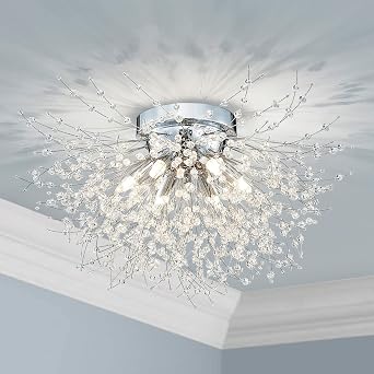 AGV LIGHTING CL023C Crystal Ceiling Light, Close to Ceiling Flushmount Light Fixture, Firework Design Dandelion Shape, 6-Lights, D18 x H10, Chrome Finish