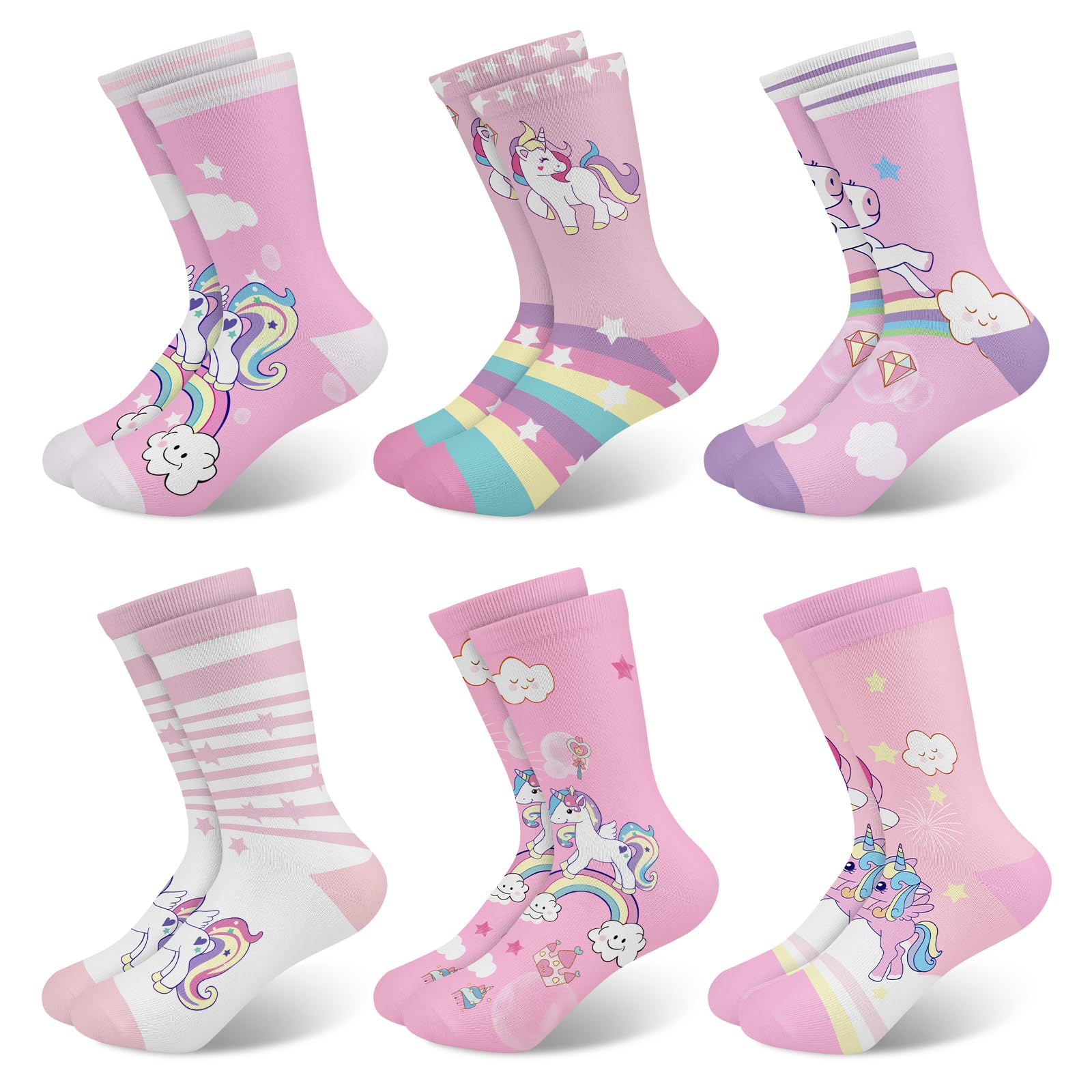 6 Paires Chaussettes Enfants Filles Modèles Mignons Caricature Rose Licorne et Arc-en-ciel Chaussettes Crew Cadeau Doux de 3 à 14 Ans Taille 25-38