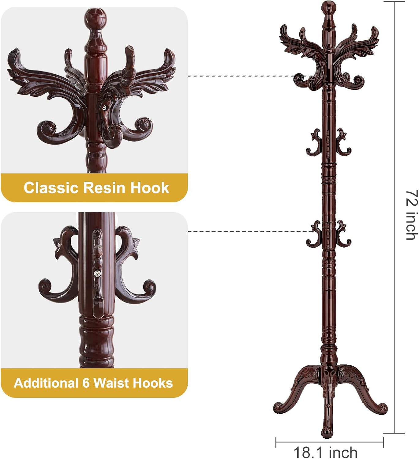 Wooden Coat Rack Stand Sturdy Triangle Base, Natural Birch Wood Coat Racks Freestanding, Vintage Solid Wood Coat Tree Stand with 14 Hooks, Classic Sturdy Coat Racks Hall Tree for Entryway