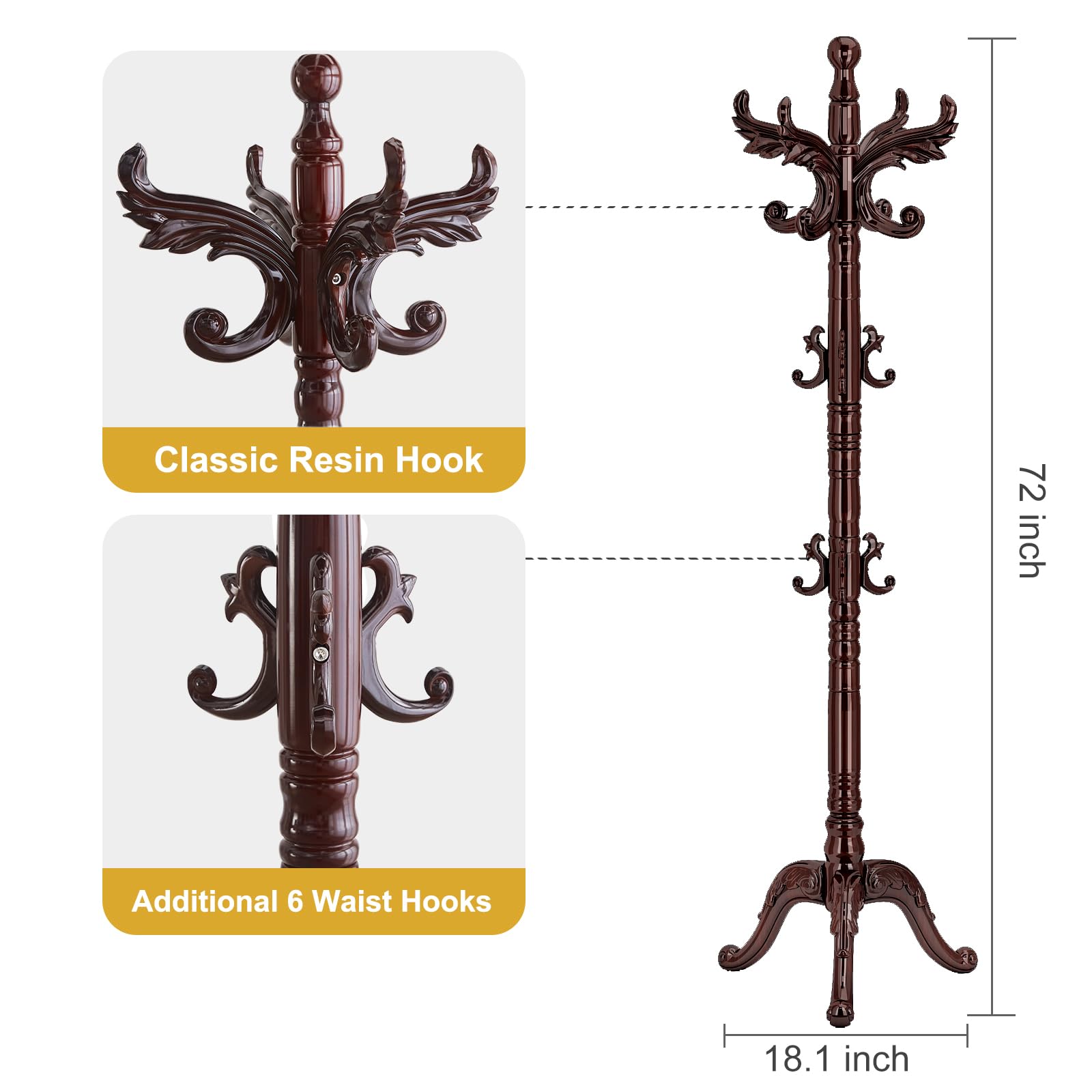 Snaikor Perchero de madera independiente, perchero de madera de abedul natural, soporte de árbol sólido con 14 ganchos, soporte clásico resistente para entrada, oficina
