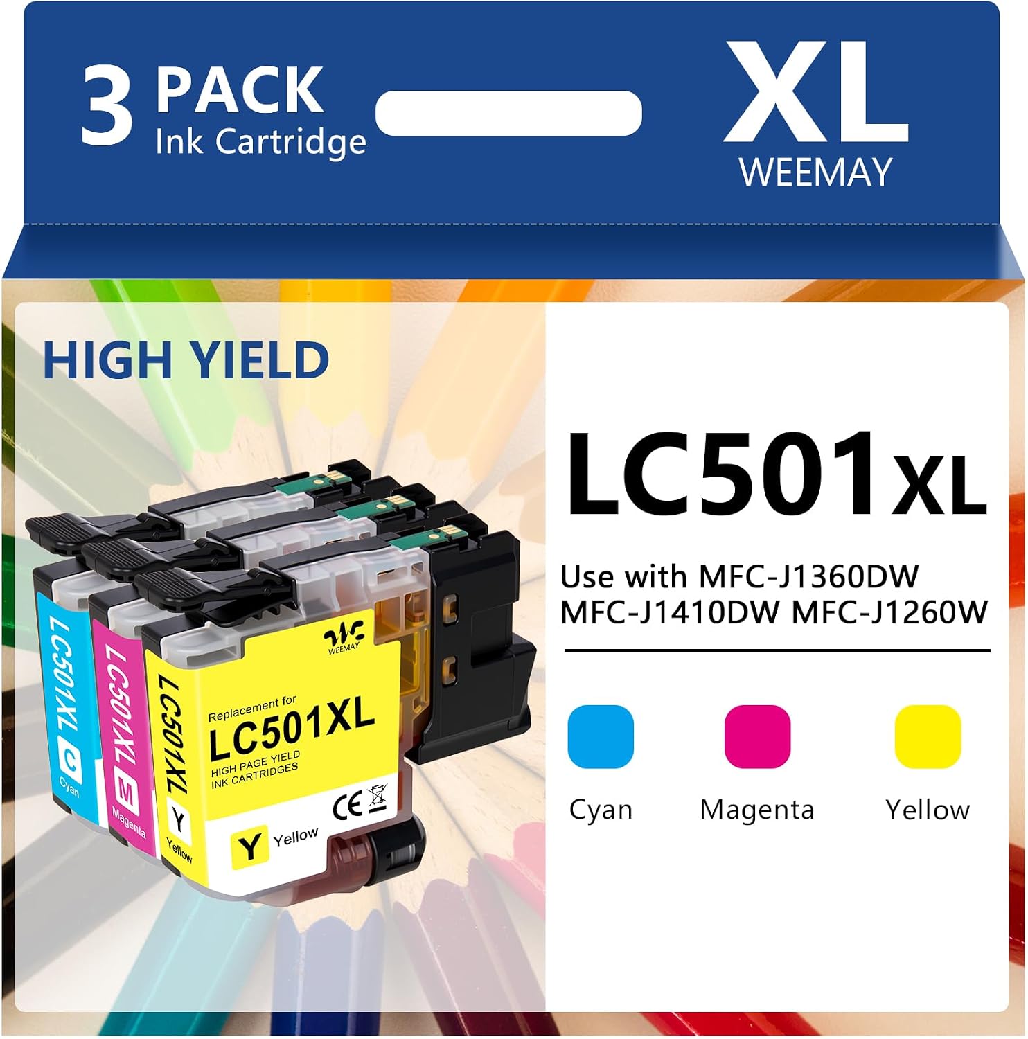 Weemay LC501XL LC501 XL Color Ink Cartridges LC501XL3PK (3-Pack,C/Y/M) Compatible for Brother LC501 Ink Cartridges LC501XL for Brother MFC-J1360DW MFC-J1260W MFC-J1410DW Printer (Cyan,Yellow,Magenta)