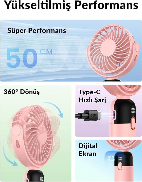Warmco K70 Taşınabilir Şarjlı El Vantilatörü 2400mAh 360° Döner Başlıklı ve Standlı Dijital Ekranlı Soğutucu Fan Pembe
